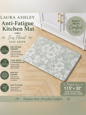 NWT Laura Ashley Iris Floral Anti-Fatigue Kitchen Mat 17.5x32 Sage Green